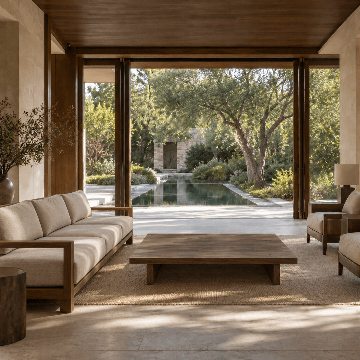 A quiet sitting room opening onto a garden and reflecting pool